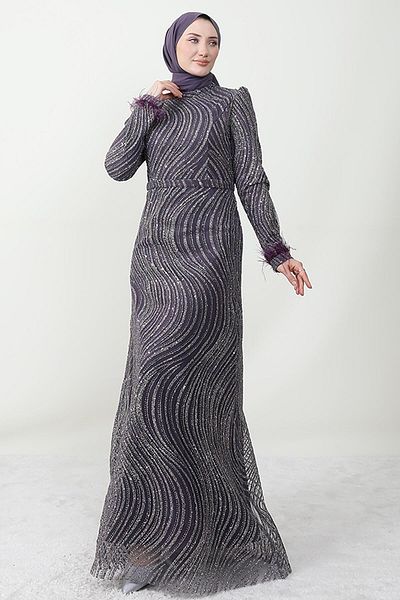 Giza Giyim Self Belted Sequin Evening Dress Dark Lilac