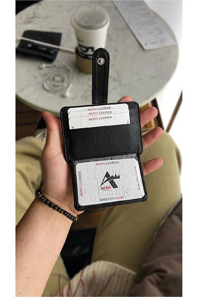AKING Genuine Leather Black Card Holder+wallet with Snap Fasteners