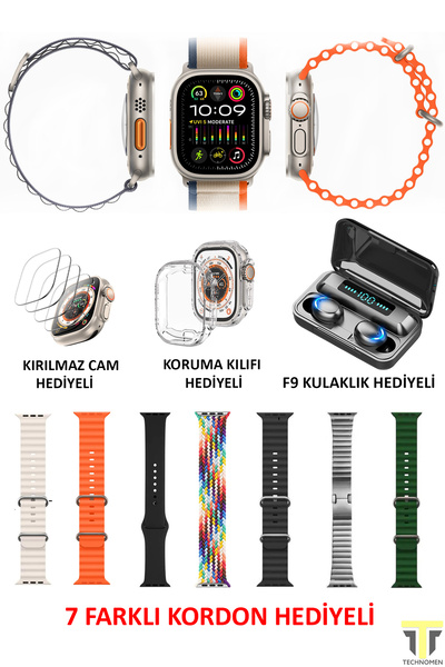 TECHNOMEN Akıllı Saat Y60 Ultra Plus Bluetooth Kulaklık F9 7 Kordon Kasa Koruma Kırılmaz Cam Hediyeli