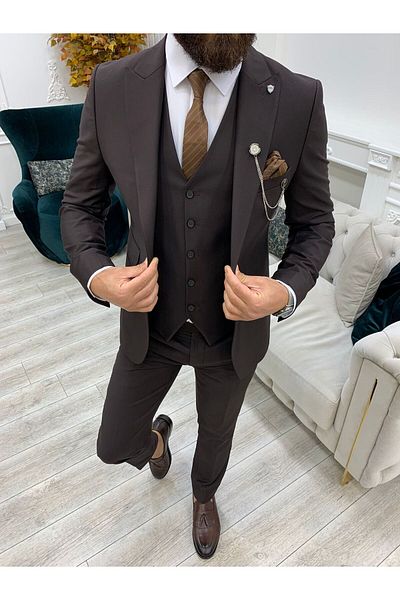 LONATOLİA Men's Slim Fit Italian Cut Bitter Brown Dress Set - Swallow Collar