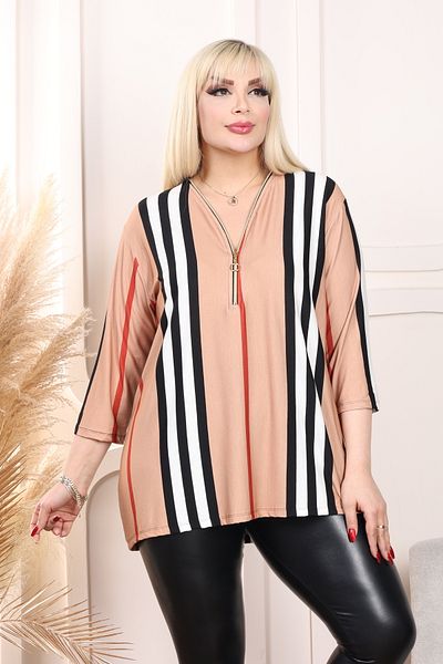 HÜLYA BUTİK COFFEE STRIPE DETAILED ZIPPERED BLUZ