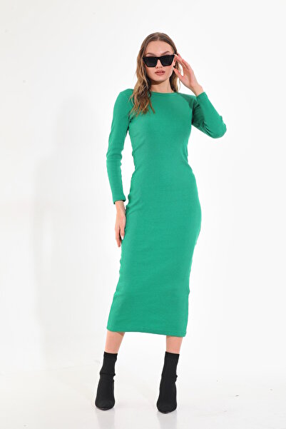 MaxiMor Rochie creion cu mânecă lungă din țesătură, culoare verde, cu decolte...