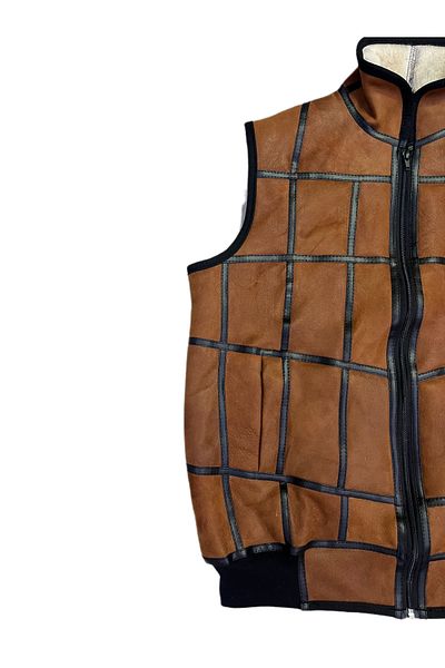 Lndr Patchwork Inside Fur-Outside Suede Genuine Leather Collared Vest with Piping and Knitwear Detail
