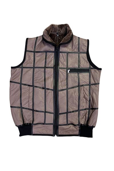 Lndr Patchwork Inside Fur-Outside Suede Genuine Leather Collared Vest with Piping and Knitwear Detail