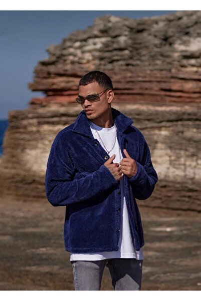 DİGGO سترة قطيفة كبيرة الحجم للجنسين بتفاصيل جيب وأزرار باللون الأزرق الداكن