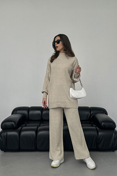 Nosia بدلة تريكو نسائية من القطن باللون البيج بأكمام طويلة بمقاس قياسي