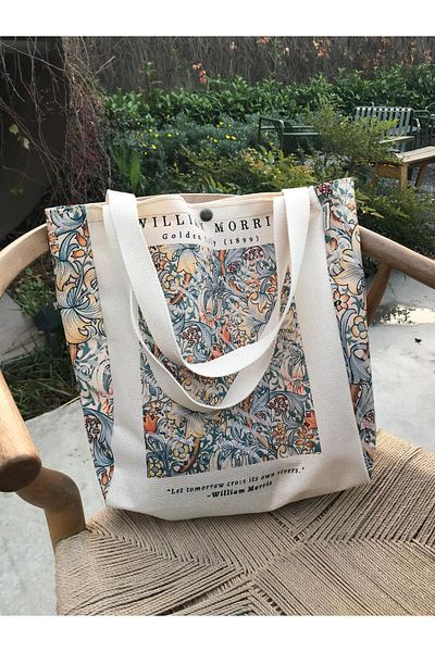 pamukcanta William Morris Washable Canvas Bag with Metal Snaps - Pocket
