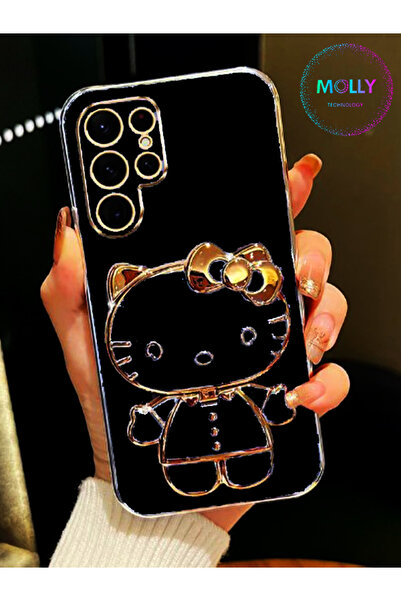 Molly Samsung Galaxy S21 Ultra İçin Siyah Hello Kitty Standlı Kenarları Gold ...