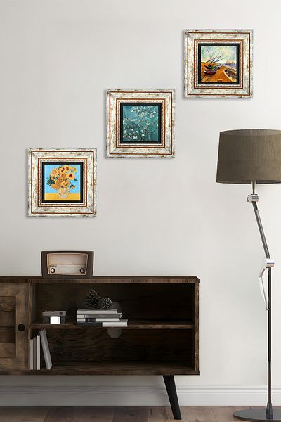 Pinecone Van Gogh Pictură pe perete cu piatră Decorație de perete înrămată Set de pictură din 3 piese Wall Art Tk3-93