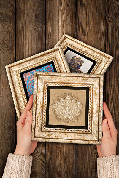 Pinecone Lotus Flower, Flower of Life Stone Wall Painting Framed Wall Decor 3 Piece Painting Set Tk3-40