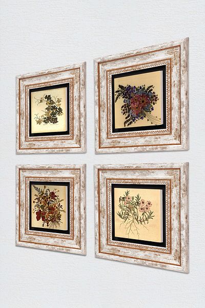 Pinecone Pictură de perete cu flori de epocă, cu cadru, decor de perete, set de pictură din 4 piese, artă de perete