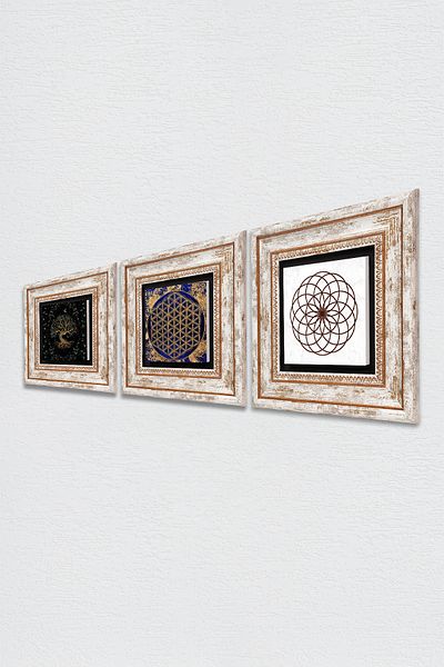 Pinecone Flower of Life, Tree of Life Stone Wall Painting Framed Wall Decor 3 Piece Painting Set Tk3-170