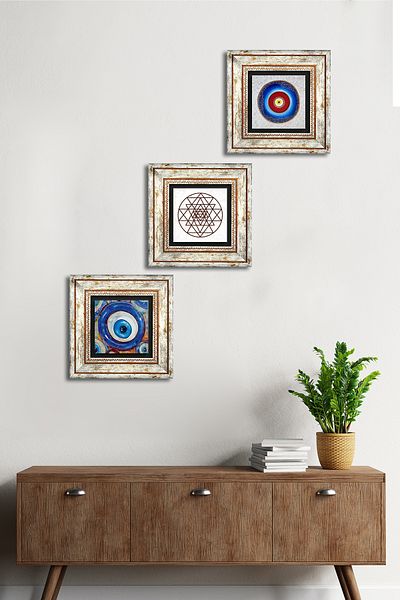 Pinecone Evil Eye, Sri Yantra Stone Wall Painting Framed Wall Decor 3 Piece Painting Set Wall Art Tk3-1969