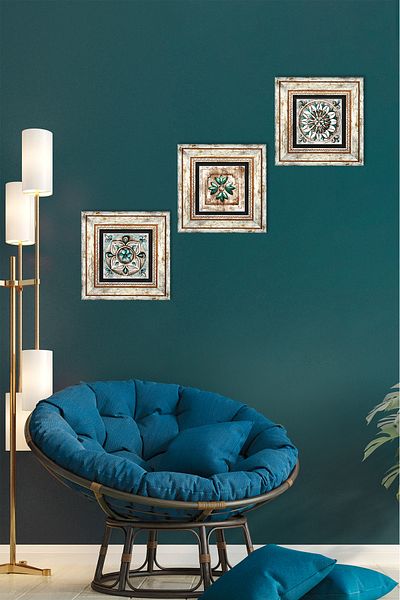 Pinecone Moroccan Patterned Vintage, Tile Art Stone Wall Painting Framed Wall Decor Set of 3 Painting Tk3-172