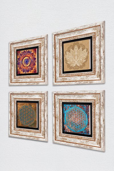 Pinecone Mandala, Flower of Life, Lotus Flower Stone Wall Painting Framed Wall Decor Set of 4 Paintings Tk4-826