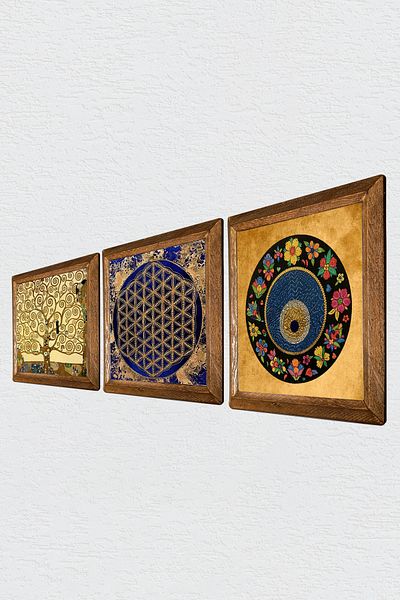 Pinecone Flower of Life, Evil Eye Bead, Gustav Klimt Tree of Life Stone Wall Painting Wood Framed Wall Decor