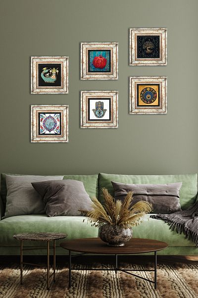 Pinecone Arborele vieții, ochi rău, artă din țiglă, şahmeran, rodie, pictură pe perete din piatră de mână Fatma Decor de perete înrămat