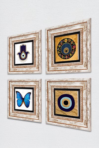 Pinecone Fatma Mother Hand (Hamsa), Butterfly, Evil Eye Stone Wall Painting Framed Wall Decor 4 Piece Set Tk4-1839