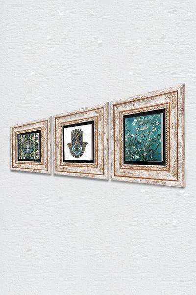 Pinecone Arborele vieții, arborele de migdale Van Gogh, mână Fatma (HAMSA) pictură pe perete de piatră decor de perete înrămat