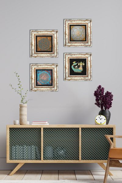 Pinecone Floarea vieții, Sri Yantra, Shahmeran Stone Wall Painting Decor de perete înrămat Set de 4 picturi Tk4-467