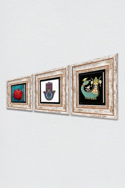 Pinecone Fatma Mother Hand (Hamsa), Shahmeran, Pomegranate Stone Wall Painting Framed Wall Decor 3 Piece Set Tk3-181