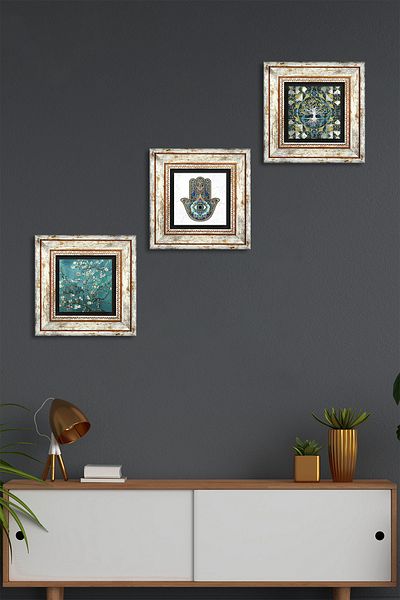 Pinecone Arborele vieții, arborele de migdale Van Gogh, mână Fatma (HAMSA) pictură pe perete de piatră decor de perete înrămat