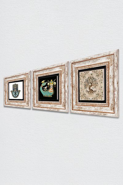 Pinecone Şahmeran, Tree of Life, Fatma Mother Hand (Hamsa) Stone Wall Painting Framed Wall Decor Set of 3 Paintings