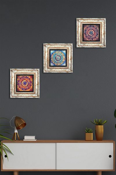Pinecone Mandala Stone Wall Painting Πλαίσιο Διακόσμηση τοίχου 3 τεμαχίων Σετ ζωγραφικής Wall Art Tk3-1746