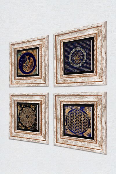 Pinecone Evil Eye, Sri Yantra, Păun, Floarea Vieții Pictură pe perete din piatră Decor de perete înrămat Set de 4 picturi