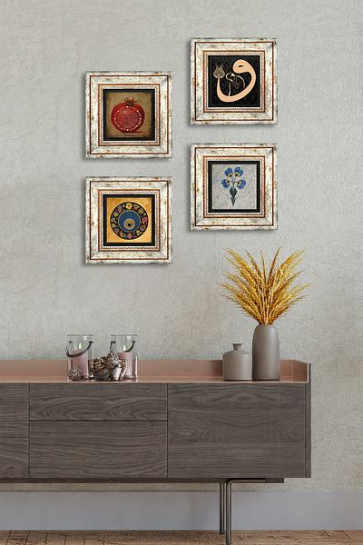 Pinecone Marbling Art, Vav, Evil Eye, Prayer for Fertility Stone Wall Painting Framed Wall Decor 4 Piece Set Tk4-203