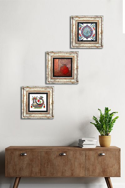 Pinecone Şahmeran, rodie, artă din țiglă, pictură pe perete, decor de perete înrămat, set de pictură din 3 piese, artă de perete