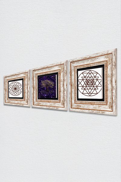 Pinecone Arborele vieții, Sri Yantra Stone Wall Painting Decor de perete înrămat Set de picturi din 3 piese Wall Art