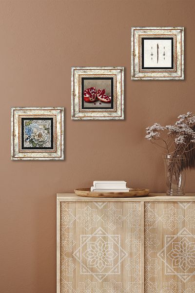 Pinecone Elif, Floare Fluture, Pictură de perete cu piatră de rodie Decor de perete înrămat Set de pictură 3 piese Tk3-1155