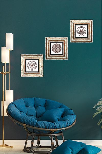 Pinecone Λουλούδι της ζωής, Πέτρινη Ζωγραφική Τοίχων Sri Yantra Διακόσμηση τοίχου με κορνίζα 3 τεμαχίων Σετ ζωγραφικής Wall Art