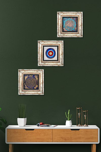 Pinecone Evil Eye, Flower of Life Stone Wall Painting Πλαίσιο Διακόσμηση τοίχου 3 τεμαχίων Σετ ζωγραφικής Wall Art Tk3-137