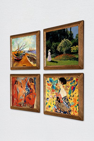 Pinecone Picasso, Van Gogh, Gustav Klimt, Claude Monet Stone Wall Painting Wood Framed Wall Decor