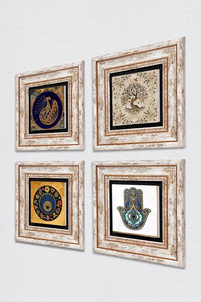 Pinecone Peacock, Evil Eye, Tree of Life, Fatma Mother Hand (Hamsa) Stone Wall Painting Framed Wall Decor