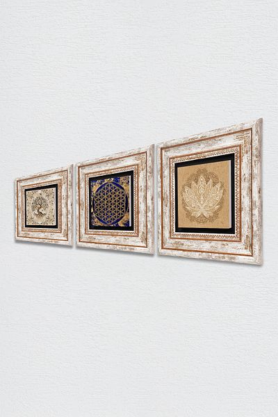 Pinecone Lotus Flower, Flower of Life, Tree of Life Stone Wall Painting Framed Wall Decor Set of 3 Wall Art