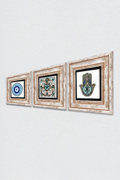 Pinecone Evil Eye, Tile Art, Fatma Mother Hand (Hamsa) Stone Wall Painting Framed Wall Decor Set of 3