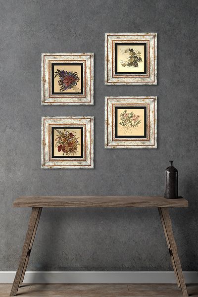 Pinecone Pictură de perete cu flori de epocă, cu cadru, decor de perete, set de pictură din 4 piese, artă de perete