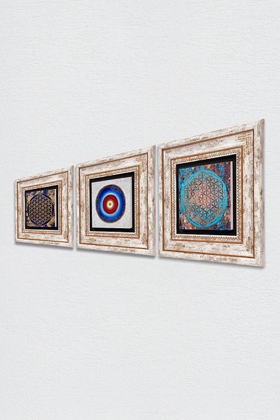 Pinecone Evil Eye, Flower of Life Stone Wall Painting Πλαίσιο Διακόσμηση τοίχου 3 τεμαχίων Σετ ζωγραφικής Wall Art Tk3-137