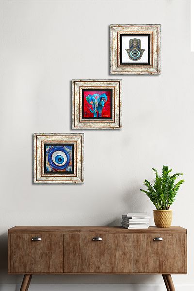 Pinecone Evil Eye, Elefant, Fatma Ana Hand (HAMSA) Pictură pe perete cu pietre, Decor de perete înrămat, Set de picturi din 3 piese