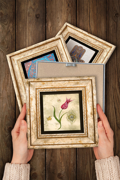 Pinecone Marbling Art, Tulip Stone Wall Painting Framed Wall Decor 4 Piece Painting Set Wall Art Tk4-21