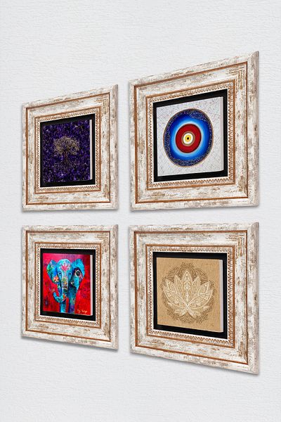 Pinecone Evil Eye, Tree of Life, Elephant, Lotus Flower Stone Wall Painting Framed Wall Decor 4 Piece Set Tk4-1156