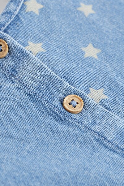Next Baby % 100 Pamuklu Mavi Yıldız Desenli Denim Bebek Elbisesi
