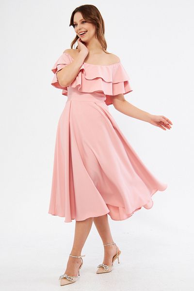 NO48 Πούδρα Off Shoulder Karmen Collar Flowy Woven Fabric Flared Midi Length Φόρεμα επιστροφής στο σπίτι & βραδινό φόρεμα