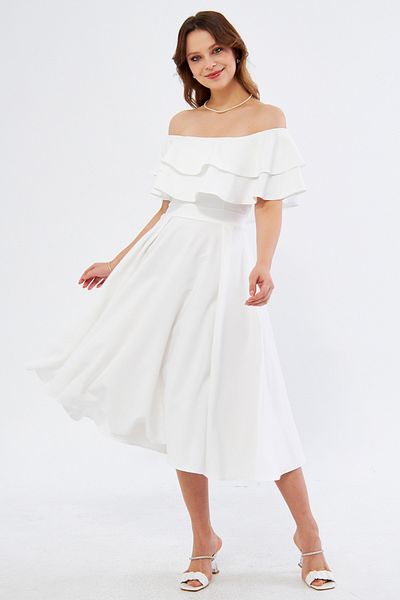 NO48 Λευκό Off Shoulder Karmen γιακά με ντραπέ υφασμάτινο φόρεμα μίντι μήκους επιστροφής στο σπίτι & βραδινό φόρεμα