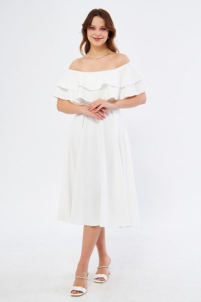 NO48 Λευκό Off Shoulder Karmen γιακά με ντραπέ υφασμάτινο φόρεμα μίντι μήκους επιστροφής στο σπίτι & βραδινό φόρεμα
