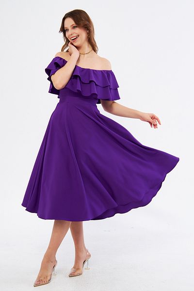 NO48 Purple Off-Shoulder Karmen Collar Flowy Woven Fabric Flared Midi Length Homecoming & Evening Dress