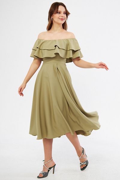 NO48 Oil Green Off Shoulder Karmen Collar Flowy Woven Fabric Flared Midi Length Φόρεμα επιστροφής στο σπίτι & βραδινό φόρεμα